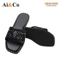 Chaussures pour femmes, pantoufles à bout carré, dessus en maille, broderie florale, perles, strass, semelle intermédiaire en mousse, semelle en TPR, talon plat, à enfiler