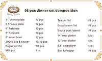 Service de table de luxe Karosa Royal Style Golden, 98 pièces, en porcelaine fine dorée, avec service à thé, pour 12 personnes