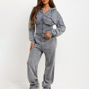 Ensemble de survêtement décontracté d'hiver pour femmes, sweat-shirt à capuche court, personnalisable, cordon de serrage, effet délavé à l'acide, jogging - Product Image 1