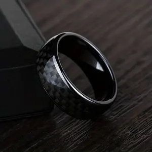 Joyería de tungsteno 2024, anillos de fibra de carbono pulidos para hombre, anillo de carburo de tungsteno, joyería de moda negra