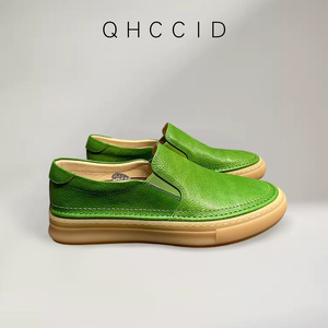 <b>Green</b> Genuine Leather Slip-On <b>Loafers</b> For <b>Men</b> Low Heel Breathable Casual Shoes Solid Color Sewing Thread Design - Product Image 4
