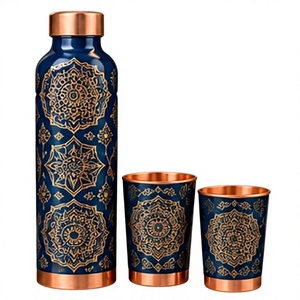 Bohemian Mandala Copper <b>Water</b> <b>Bottle</b> and Cups Set <b>Metal</b> Travel Drinkware with Lids - Product Image 1