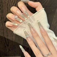 Lot de 24 faux ongles autocollants irisés œil de chat, longs, en amande, opale ombrée, avec strass 3D en forme de cœur, brillants, pour soirée