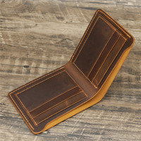 Dompet Kulit Asli Pria Crazy Horse Retro Penjepit Uang Minimalis Gaya Vintage Tempat Kartu Bordir Syal Rantai RFID