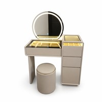 Coiffeuse moderne extensible et réglable avec miroir rond éclairé par LED et commode à 3 tiroirs en verre pour chambre à coucher