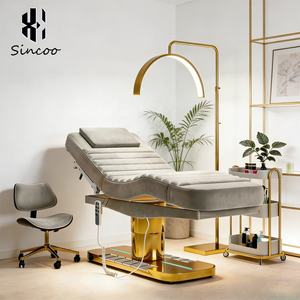 Lit de massage électrique à 3 moteurs avec base en acier inoxydable doré, commande au pied lumineuse et fauteuil intégré, lit de soin personnalisé - Product Image 1