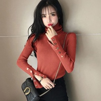 Sweater Turtleneck Hitam Slim Ribbed Khusus Wanita, Kerah Tinggi Rajutan Korea Lengan Panjang Kancing Depan, Atasan Kasual Tebal untuk Musim Gugur