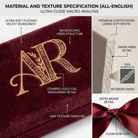 Boîte cadeau magnétique en velours bordeaux de luxe personnalisée avec monogramme en feuille d'or pour invitation de mariage et emballage de kit VIP PR