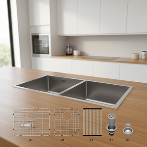 Évier de cuisine à double bac 28x19 à encastrer, en cuivre de calibre 16, surface brossée, facile à nettoyer - Product Image 2