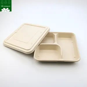 Custom Biodegradable Sugarcane Bagasse 3 Three Compartment Tray Eco Friendly Sugar Cane Lunch Food Plate With Lid