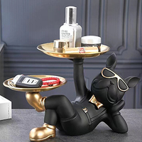 Figurine Bouledogue Français en Résine Cool, Statue de Chien Couché Noir, 2 Plateaux en Métal avec Lunettes Mignonnes, Sculpture en Résine, Décor de Bureau à Domicile, Cadeau