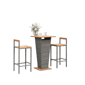 Conjunto de Bar para Jardín de Madera de Acacia, Ratán Gris PE, Estructura de Acero con Recubrimiento en Polvo, Muebles de Bar Modernos y Contemporáneos para Uso en Exteriores - Product Image 1