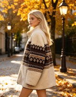 Manteau en fausse fourrure géométrique beige personnalisé en polyester suédé avec col montant et fermeture éclair bidirectionnelle, poches passepoilées, idéal pour l'automne et l'hiver, style décontracté