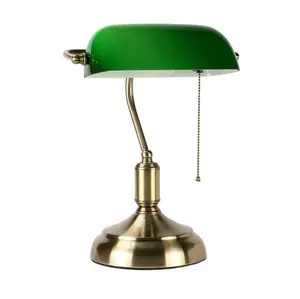 Retro Bronzen Ijzeren Basis Groene Glazen Kap Antiek Messing Bankier Tafellamp Vintage Bankiers Bureaulampen