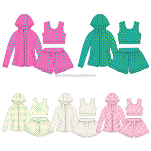 Ensemble de yoga pour filles à ourlet festonné, 3 pièces : veste à capuche avec débardeur et short intégré, couleur et taille personnalisables - Product Image 2