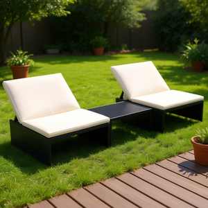 Reclining Garden <b>Sofa</b> <b>Set</b> Black And Cream Outdoor Furniture Contemporary Design UV Resistant PE Rattan High Density Foam Cushion - Product Image 2