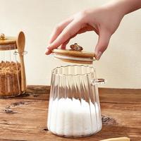 Bocaux de rangement de cuisine transparents à rayures verticales côtelées, 16 oz (500 ml), en verre avec couvercle et cuillère en bambou