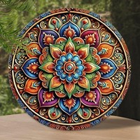 Superbe panneau mural rond en aluminium avec motif mandala coloré et floral, style rétro rustique