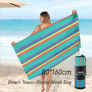 Licht Gewicht Gepersonaliseerde Streep Micro Fiber Anti Zand Strandlaken Met Mesh Bag