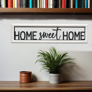 Décoration murale en bois rustique rectangulaire avec cadre en perles de bois et lettres en fer, personnalisable en gros, art mural, signe, maison douce maison - Product Image 6