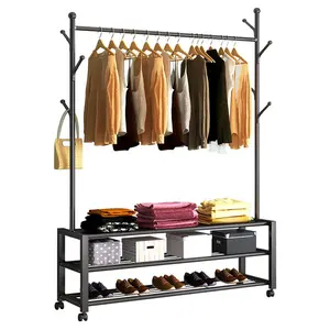 Mobile Tidy Clothes Coat Garment Hanging Rail Rack Storage Stand Castors On Wheels With Shoe Shelf Rack