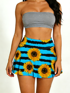 Minifalda de punto con estampado de girasoles, corte en A, cintura natural, de fibra de leche, azul y negro, de alta elasticidad, informal, para verano - Product Image 4