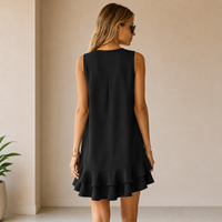 Robe d'été décontractée sans manches à col en V et volants superposés pour femme, mini-robe ample de couleur unie pour soirée, fête ou plage