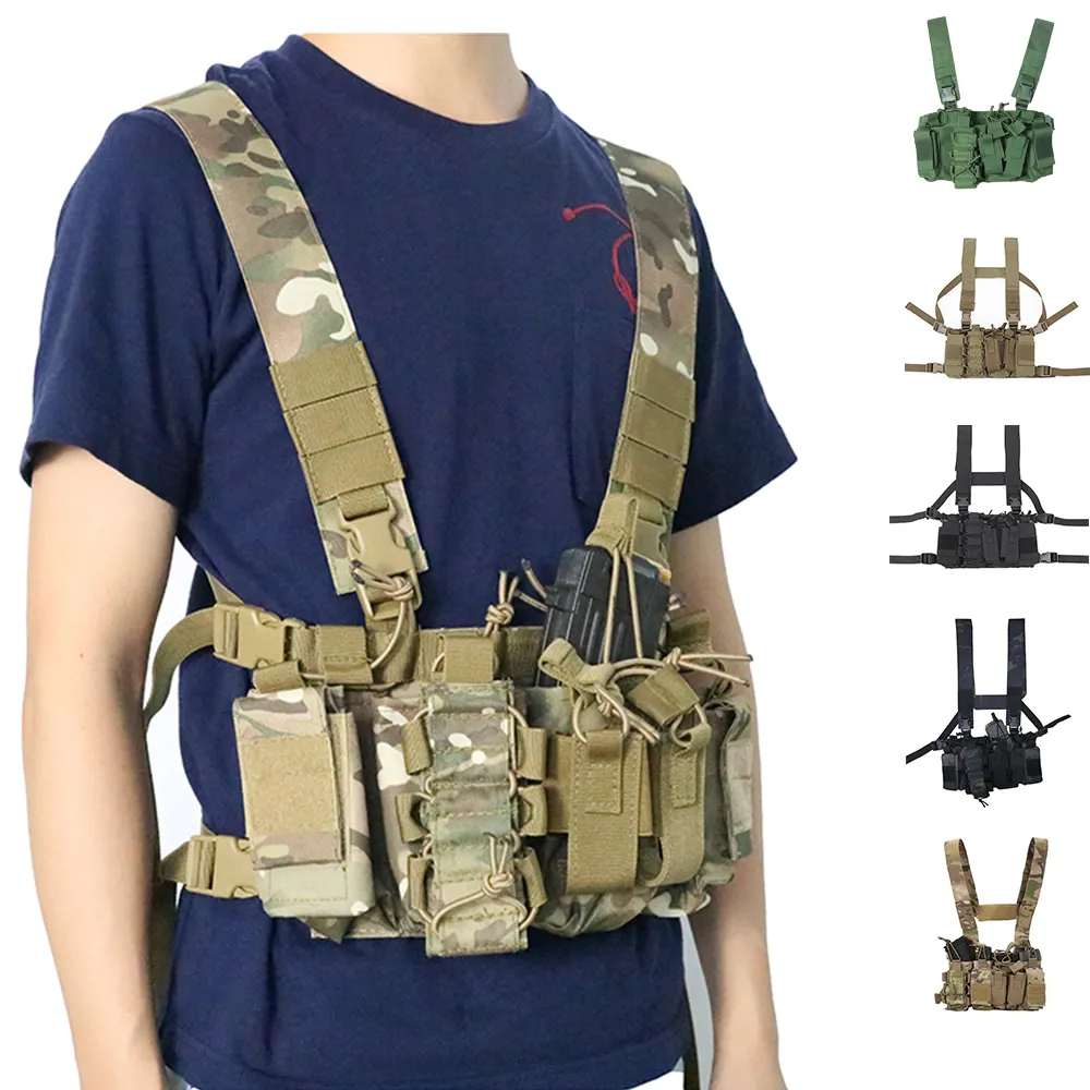 マルチカム男性を狩猟するためのクロスストラップ付きマグポーチ付き軽量戦術チェストリグモジュラーマイクロポリエステルベストバッグ