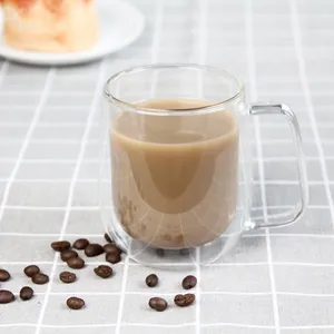 Top Seller Glassware 250ml 350ml bening dinding ganda terisolasi kaca es kopi mug Latte teh dinding ganda cangkir kaca dengan pegangan