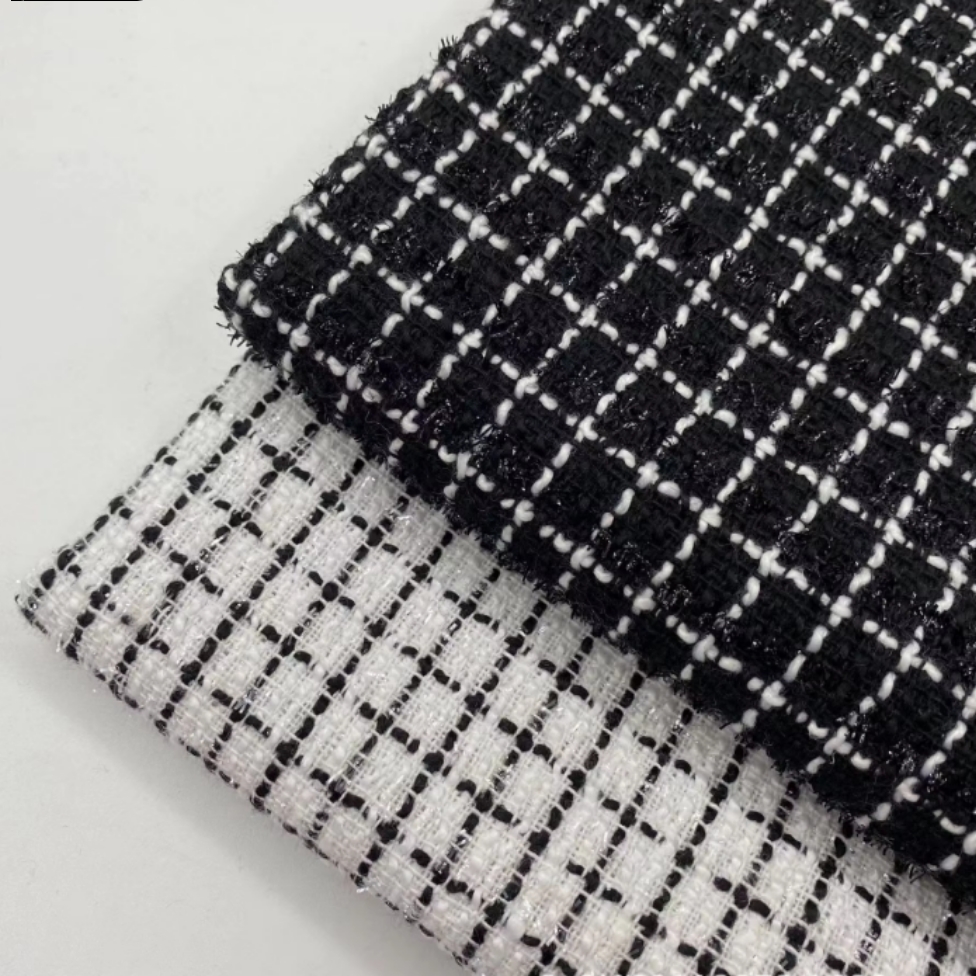 100% Other Fabric Coarse Woven Tweed Skirt Suit Black White Plaid Gold Thread Jacket Bag for Home Textiles