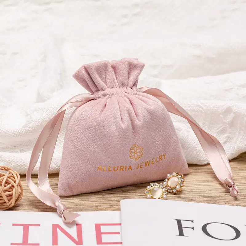 Dây kéo jewlery túi màu hồng nhung nước hoa chai Pouch logo sang trọng nhung Pouch với logo dây kéo túi