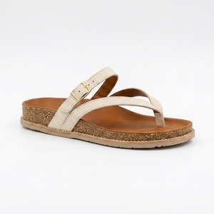 Sandalias Planas de Cuero Genuino Blanco, Punta Abierta, Cierre de Hebilla, Suela de Corcho, Zapatos de Verano - Product Image 1