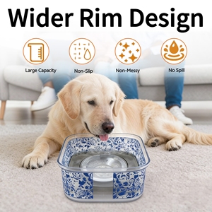 Bol à eau flottant pour chien en <span class=keywords><strong>porcelaine</strong></span> bleue et blanche <span class=keywords><strong>de</strong></span> style chinois 2L, bol anti-éclaboussures pour chien avec disque flottant - Product Image 3