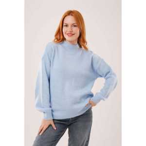 เสื้อสเวตเตอร์ถักสีน้ำเงินสไตล์มินิมอลสำหรับผู้หญิง แขนยาว ป้องกันขนร่วง คอริบ 16 กรัม แบบพื้นฐาน - Product Image 2