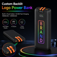 Batterie externe personnalisée 10000mAh 20000mAh, chargeur portable avec logo lumineux personnalisé, câbles doubles intégrés, 4 sorties et écran LED