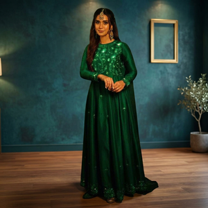 Tela de Vestido para Mujer, 100% Poliéster, Bordada en Satén Verde Esmeralda - Product Image 3