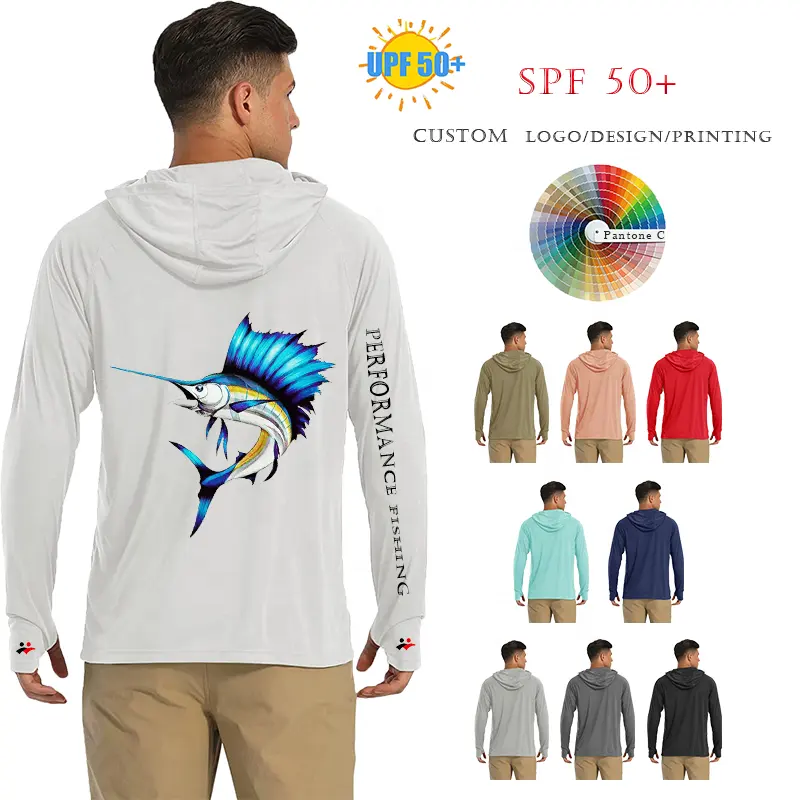 Camisas de pesca de torneo de sublimación de rendimiento para hombre hechas a medida, ropa de pesca de protección Upf, Jersey de pesca con capucha de secado rápido