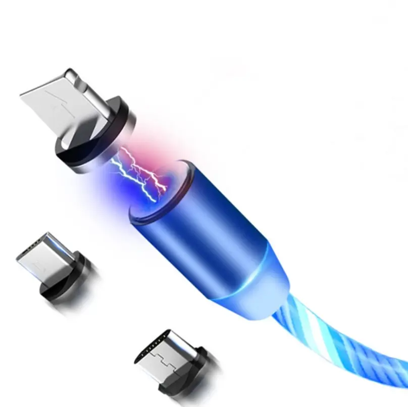 LED flowing light 3in1 1m led magnetic charging usb cable for iphone type c micro usb led magnetic charging usb cable