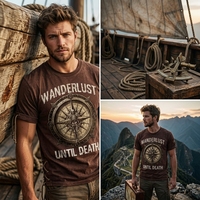 T-shirt vintage délavé pour homme avec logo personnalisé, imprimé boussole squelette - Tee-shirt streetwear gothique avec lacets latéraux et détails de patch sur les manches