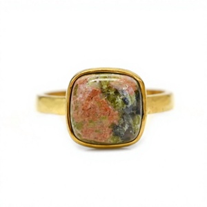 Nouvelle arrivée 925 bague en argent Sterling massif pour les femmes forme de coussin Unakite naturelle 12mm réglage de lunette 18k or rhodium mariage - Product Image 1