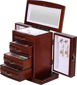 Elegante Joyero de Madera, Joyero Coquette Vintage Color Cereza <span class=keywords><strong>con</strong></span> Múltiples Compartimentos, Forros de Terciopelo y <span class=keywords><strong>Espejo</strong></span> - Product Image 4