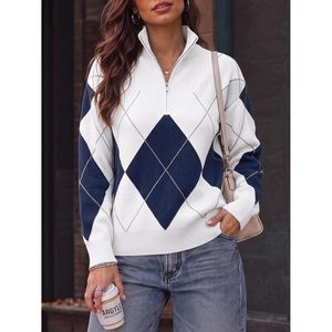 Custom Womens Quarter Zip <b>Sweater</b> <b>Argyle</b> Knit Pullover Long Sleeve Oversized Collared Fall Casual Top 100% Cotton - Product Image 2