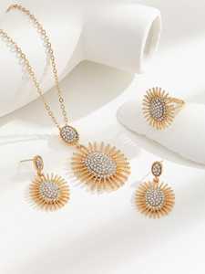 Conjunto de Lujo de Tres Piezas de Acero Inoxidable para Mujer, con Colgante de Girasol Geométrico con Circonitas y Diamantes, para Bodas, Fiestas y Regalos - Product Image 6