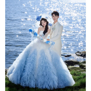 Blue Gradient Strapless Ball Gown Wedding Dress Tulle Natural Waistline For Photography And Travel Shoots - Product Image 1