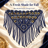 Foulard triangulaire bleu perlé à sequins, style bohème, en maille à franges, pour la danse et les tenues de festival, 30 cm