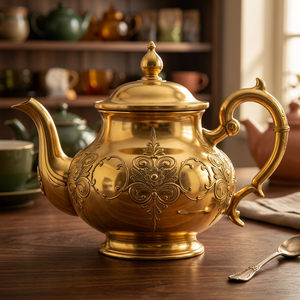 Théière vintage dorée avec couvercle et poignée, pot à eau en métal au design décoratif - Product Image 3