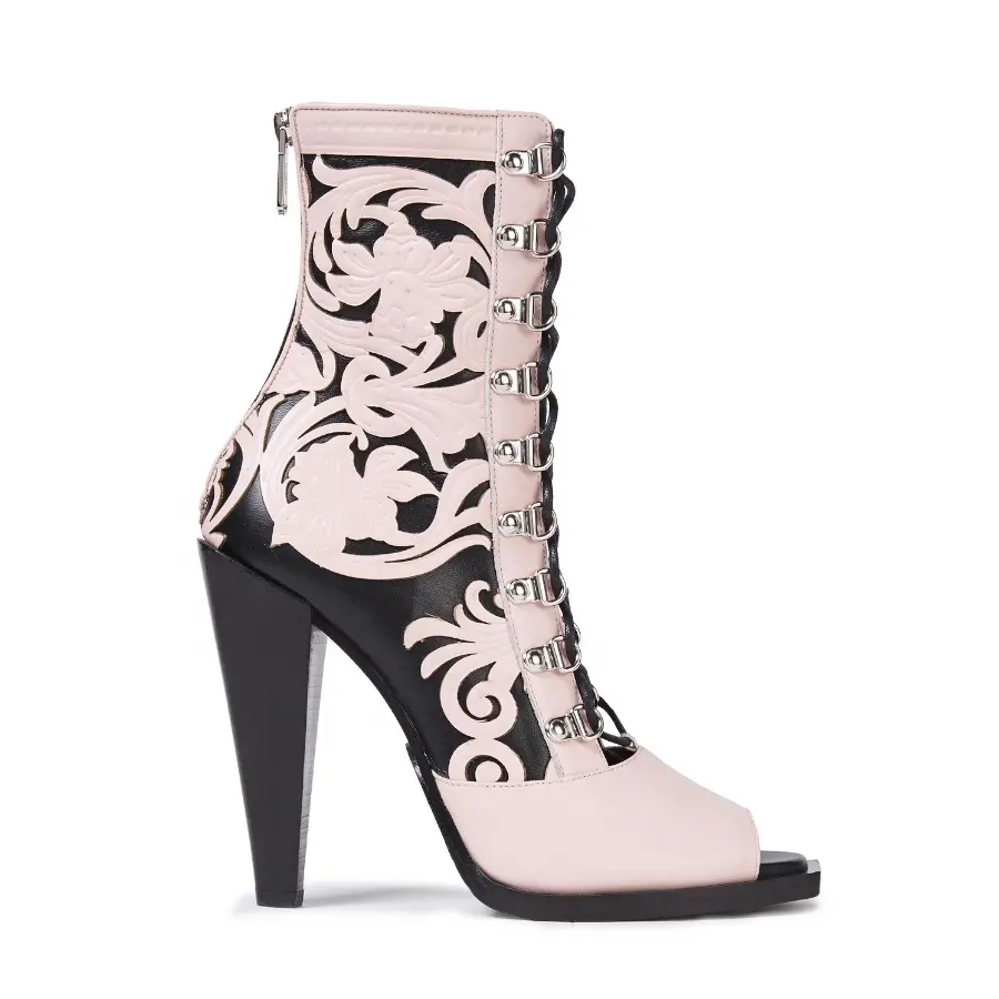 Two-tone rosa laser-cut in pelle alla caviglia degli alti talloni delle donne scarpe stivali