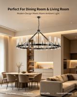 Lámpara de Techo Grande Estilo Carretilla con 20 Luces, Marco de Metal Negro, Pantallas de Cristal Cilíndricas Transparentes, Lámpara Colgante Redonda Moderna Estilo Granja