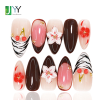 Ensemble de faux ongles tendance en gel 3D avec fleurs, style French Manucure, forme amande, vente en gros, luxe, faits à la main, en acrylique, logo personnalisé