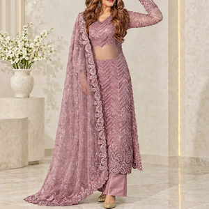Ensemble Salwar Kameez brodé avec des motifs miroir de couleur mauve, robe de mariage pakistanaise pour femmes avec dupatta - Product Image 1